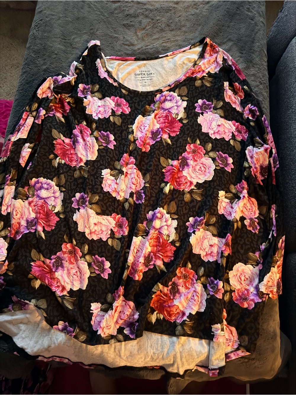 torrid Black Long Sleeve Floral Top with Pink & Purple Roses